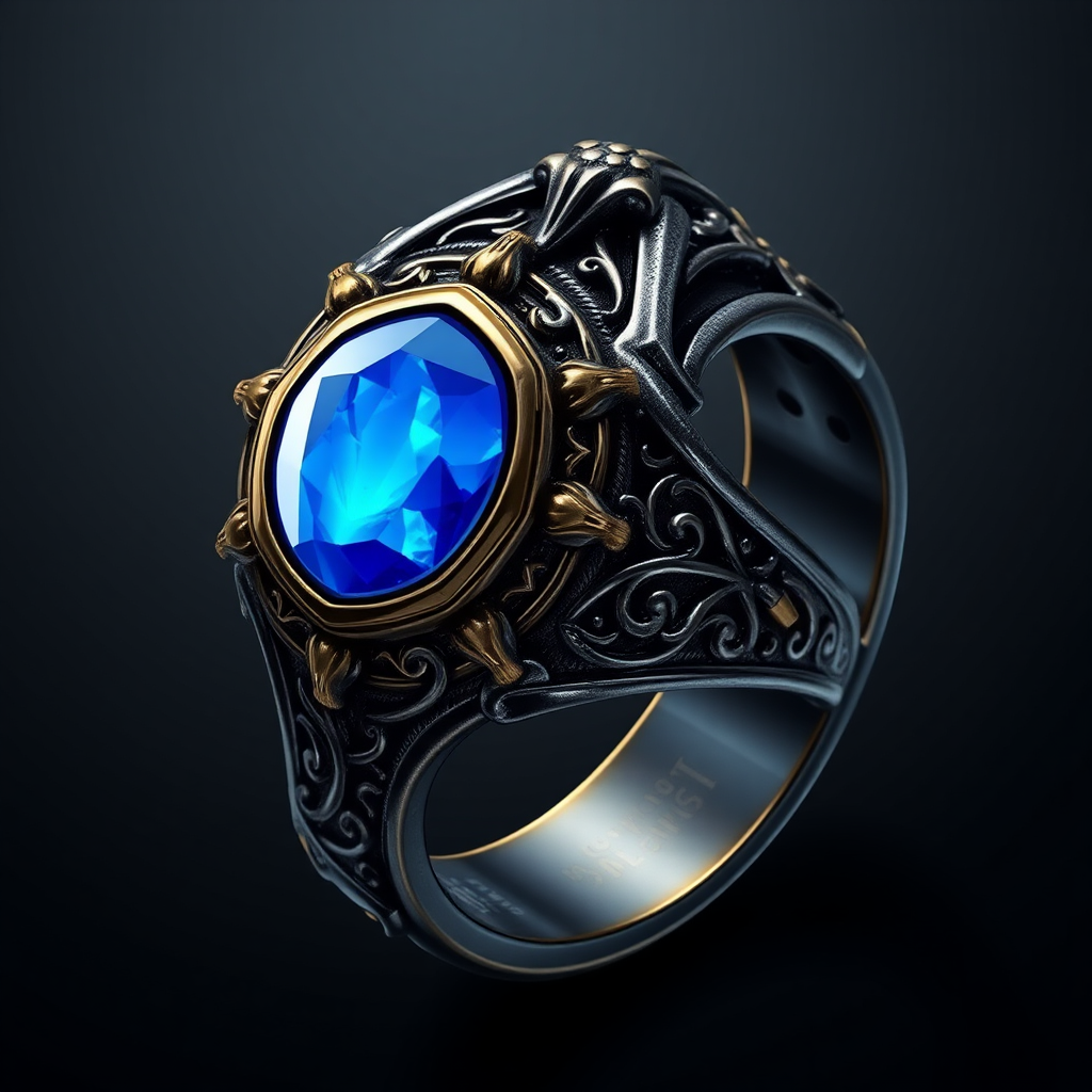 Detailed Dark Metal Ring with Blue Magic Stone