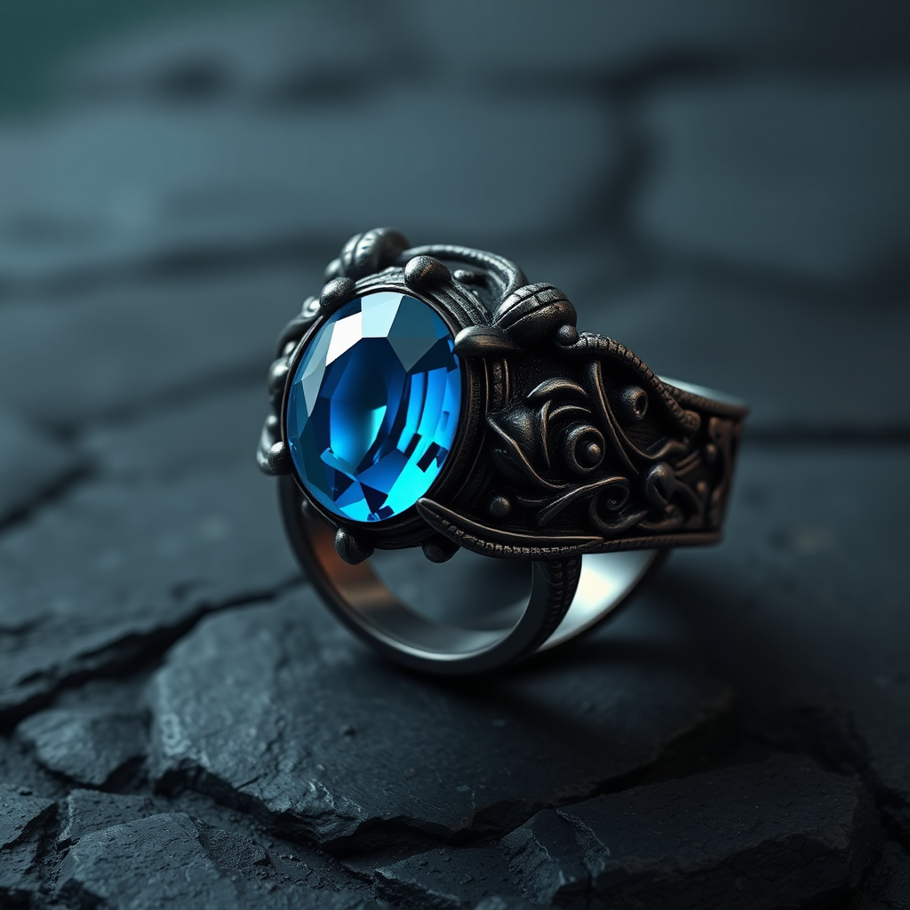 Detailed Dark Metal Ring with Blue Stone