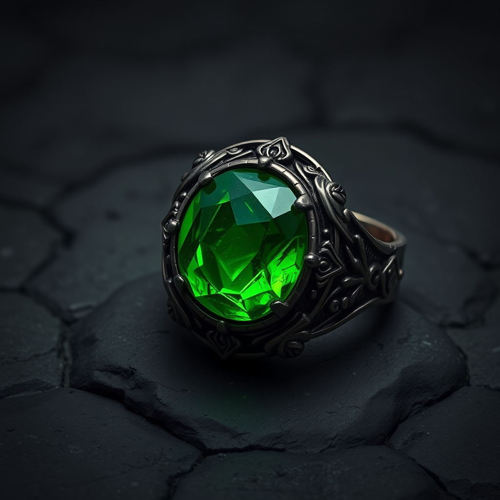 Detailed Dark Metal Ring with Green Magic Stone Sample AI Image