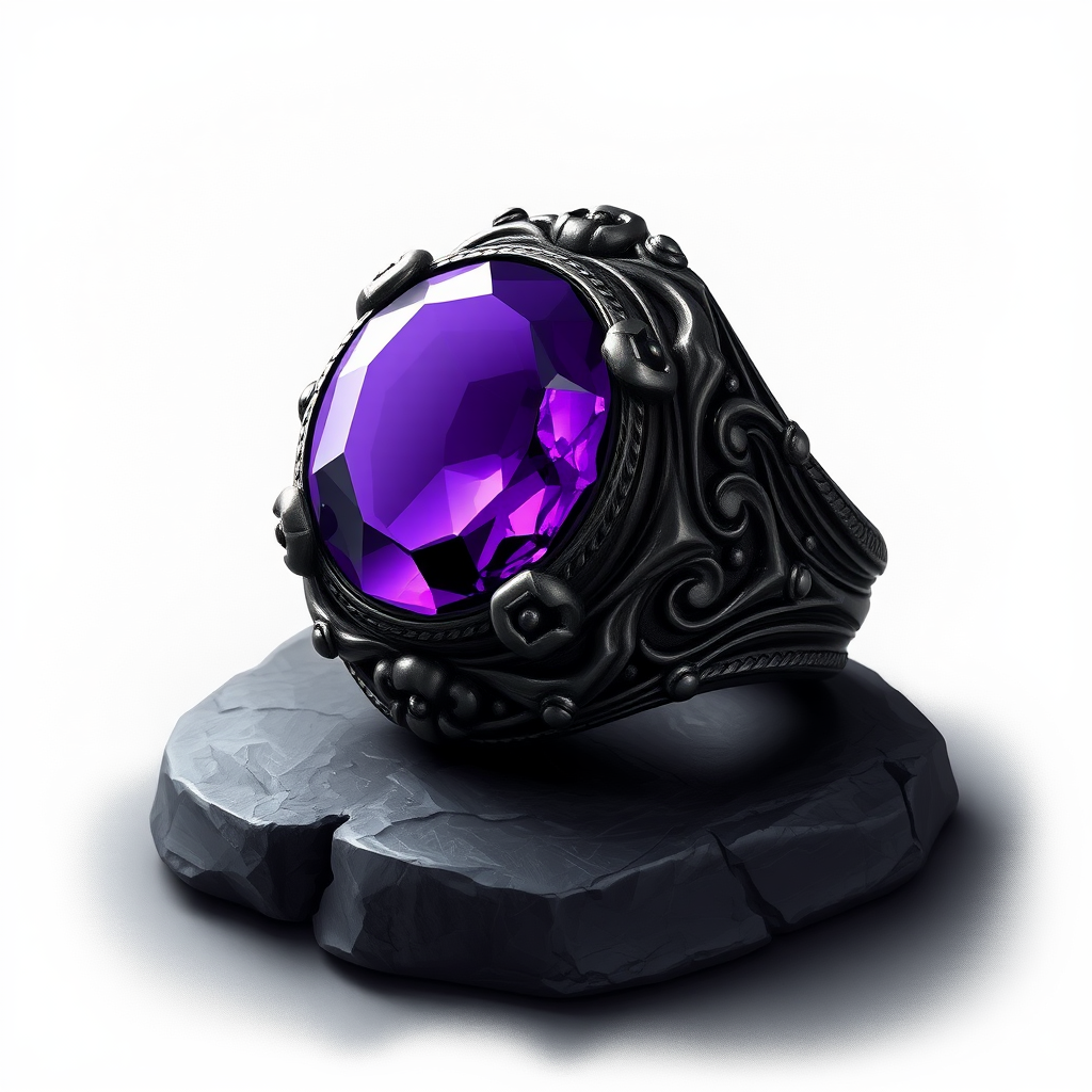 Detailed Dark Metal Ring with Purple Magic Stone and Dark Stone Ground