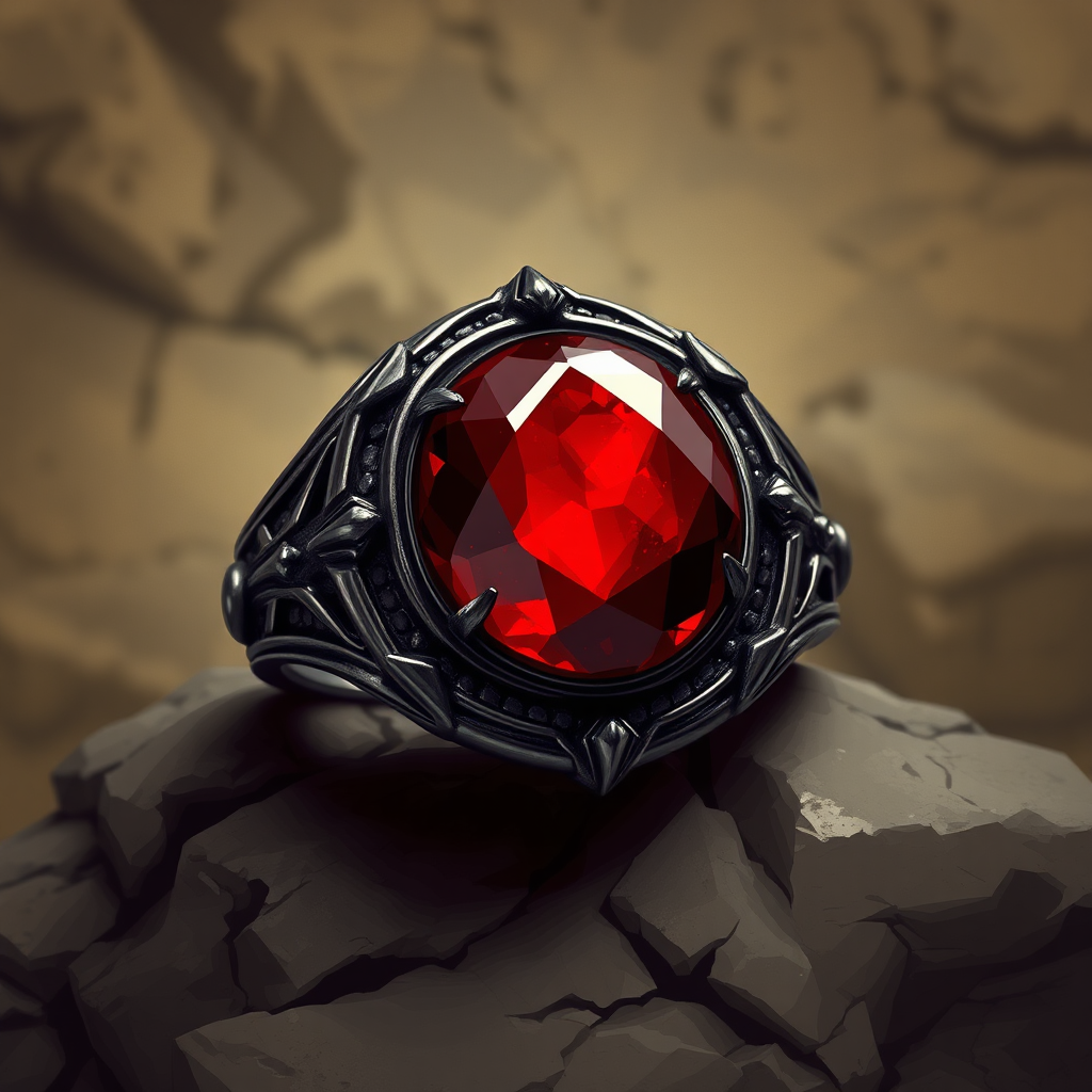 Detailed Dark Metal Ring with Red Magic Stone - V5.2