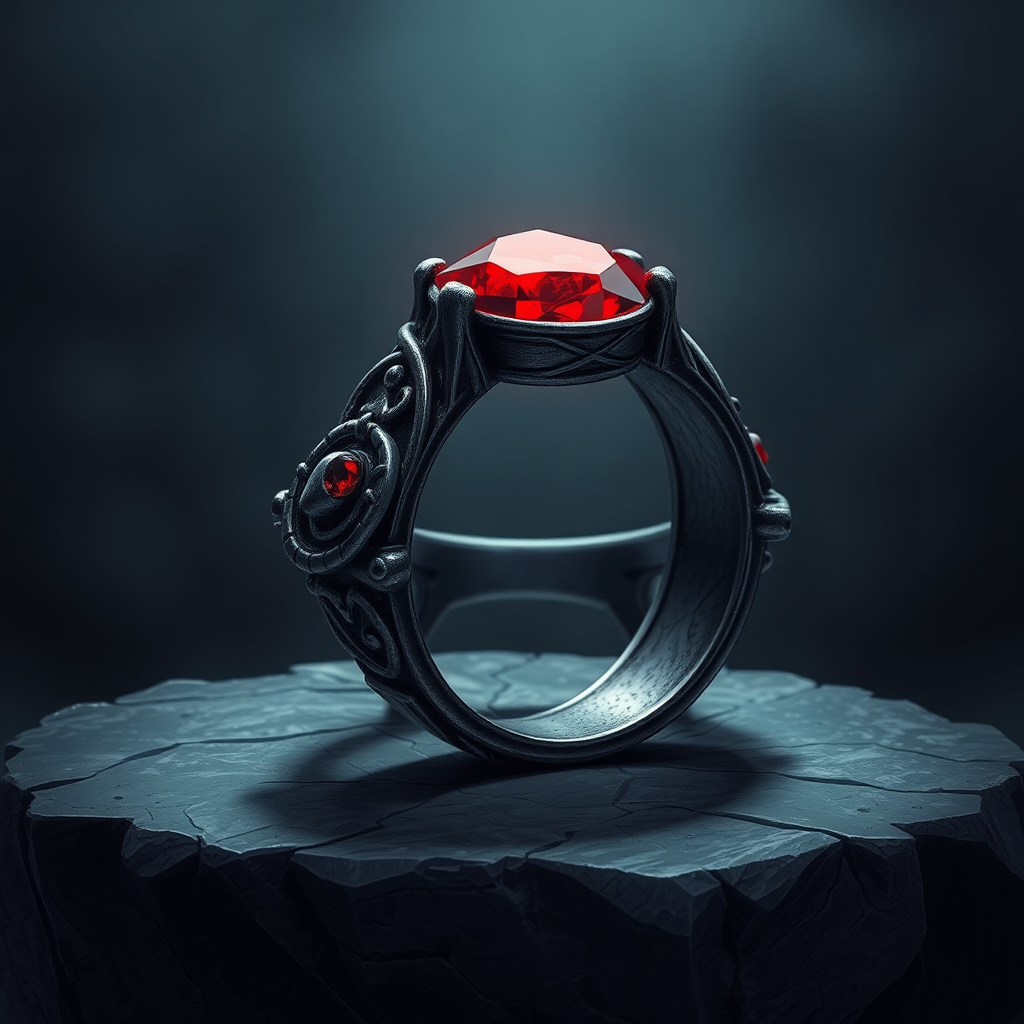 Detailed Dark Metal Ring with Red Magic Stone