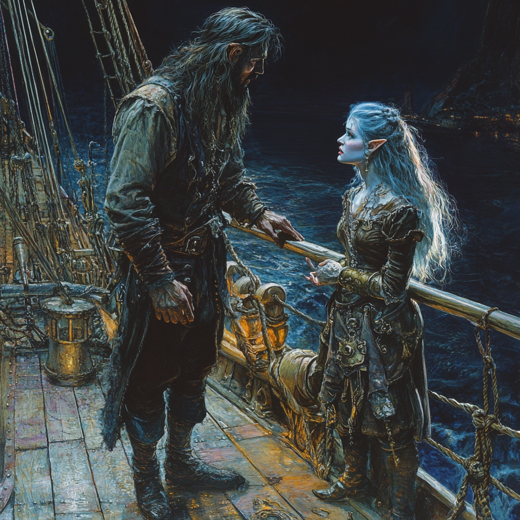 Detailed Gothic Alan Lee Style Image - Noble Male and Gnome on Elegant Ship