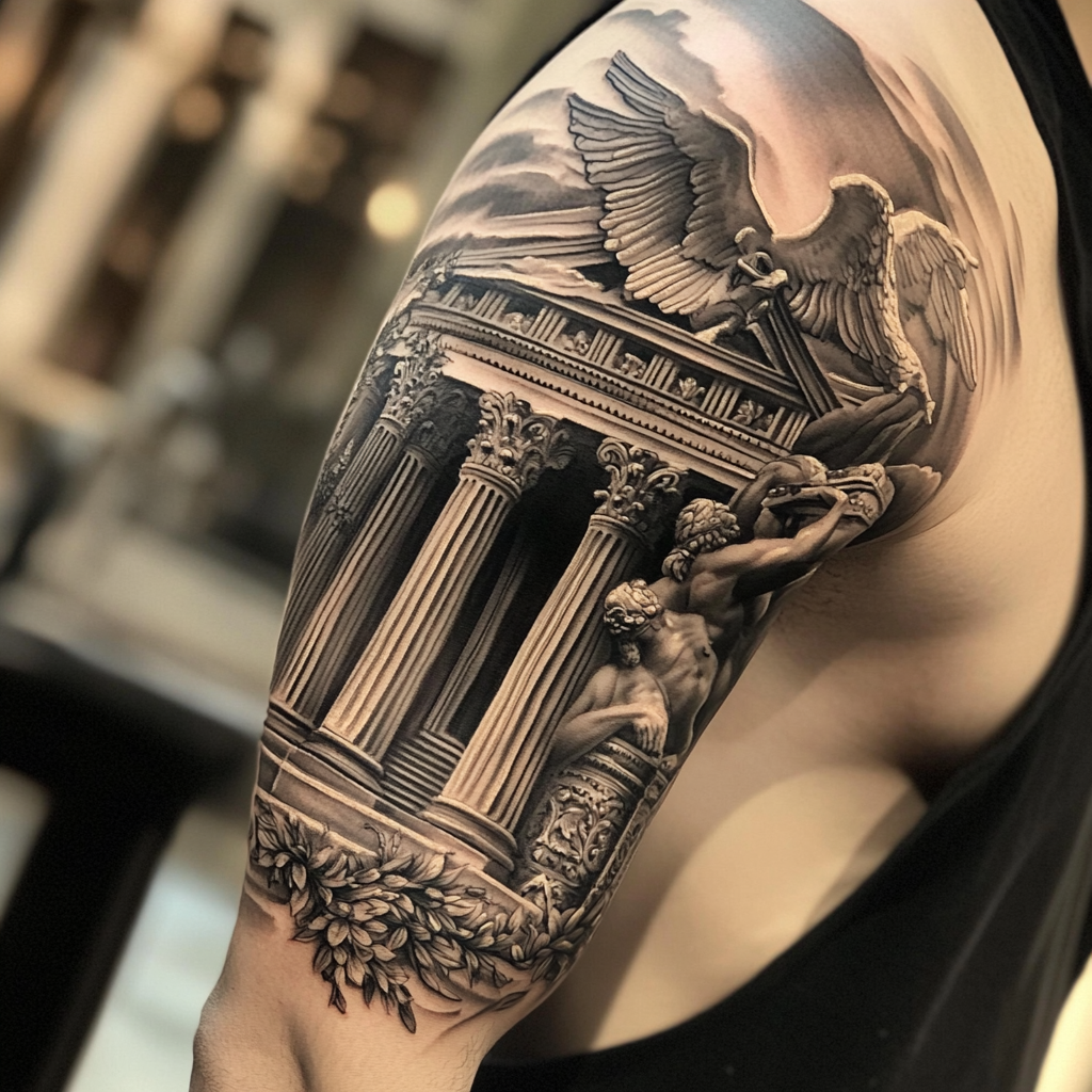 Detailed Greek church tattoo: Columns, gargoyle, angel, symbolism.