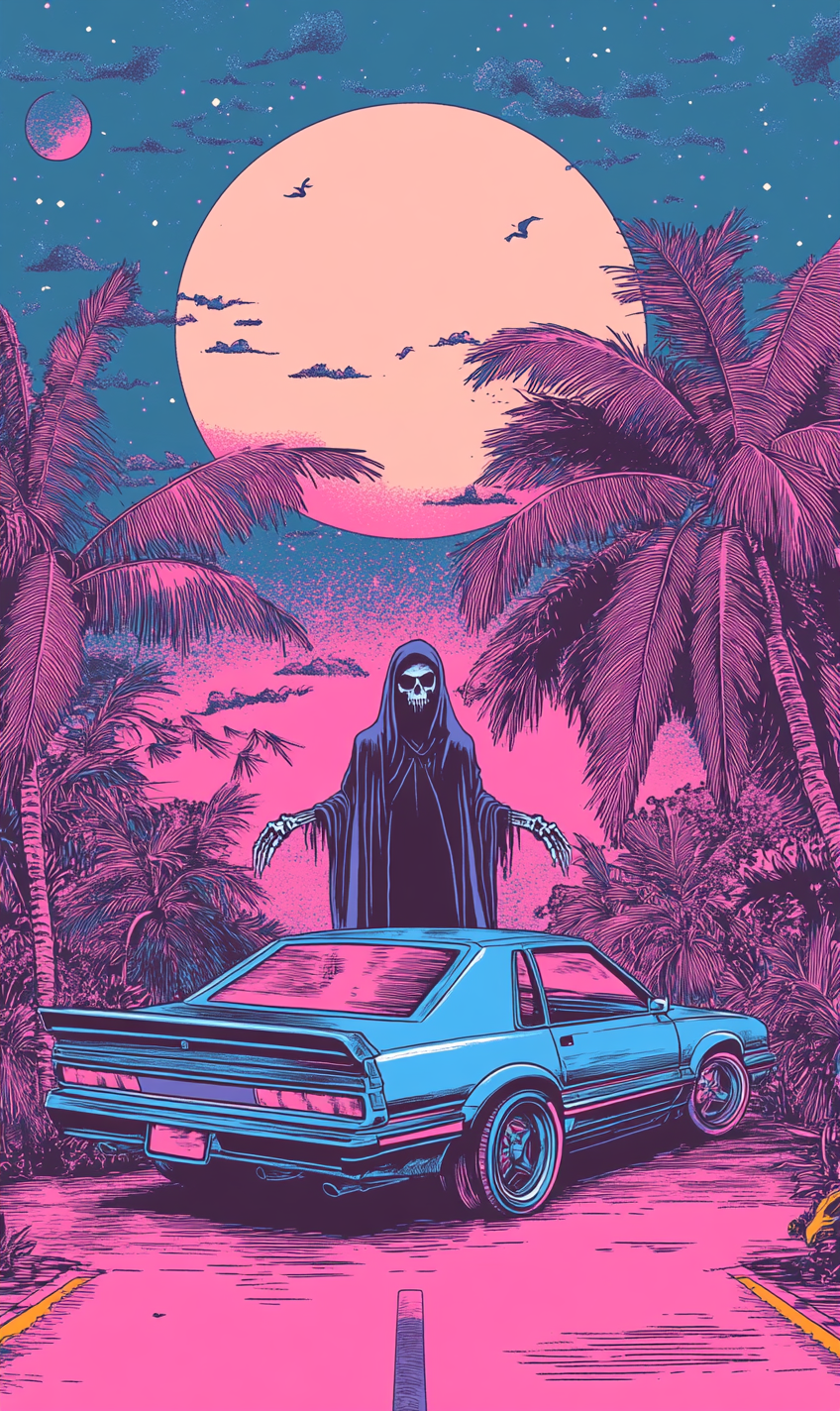 Detailed Illustration: Grim Reaper, Low Rider Cars, California Vibes