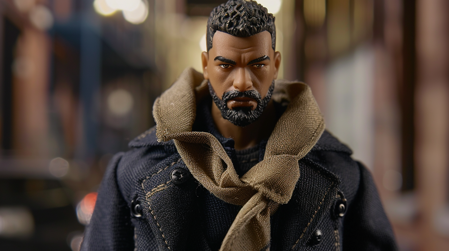 Detailed Mattel action figure: Medium-dark skin tone, muscular build.