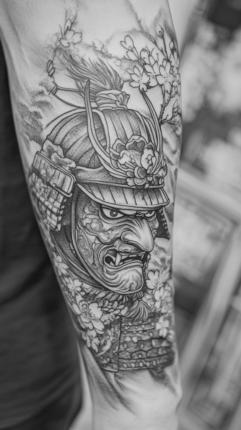 Detailed Samurai Hannya Mask Tattoo Design with Cherry Blossom Forearm Sleeve