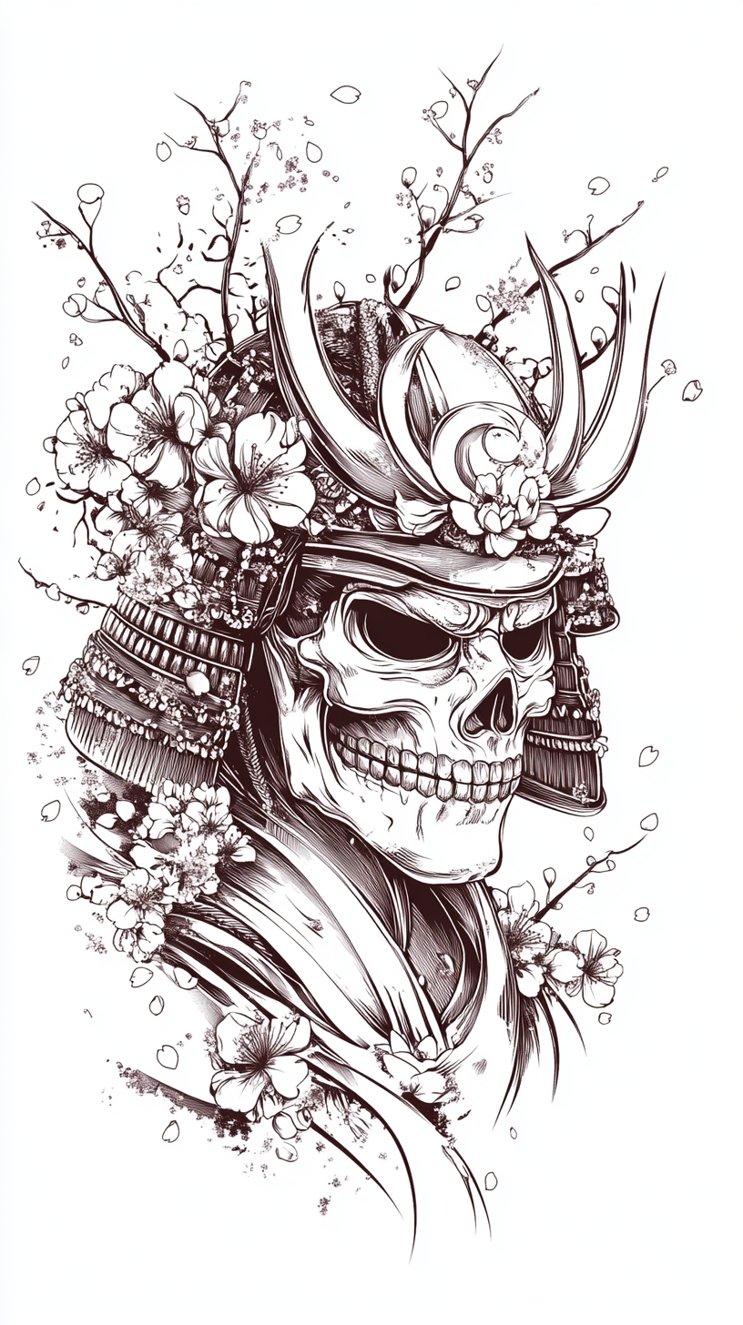 Detailed Samurai Hannya Mask Vector Outline with Cherry Blossoms