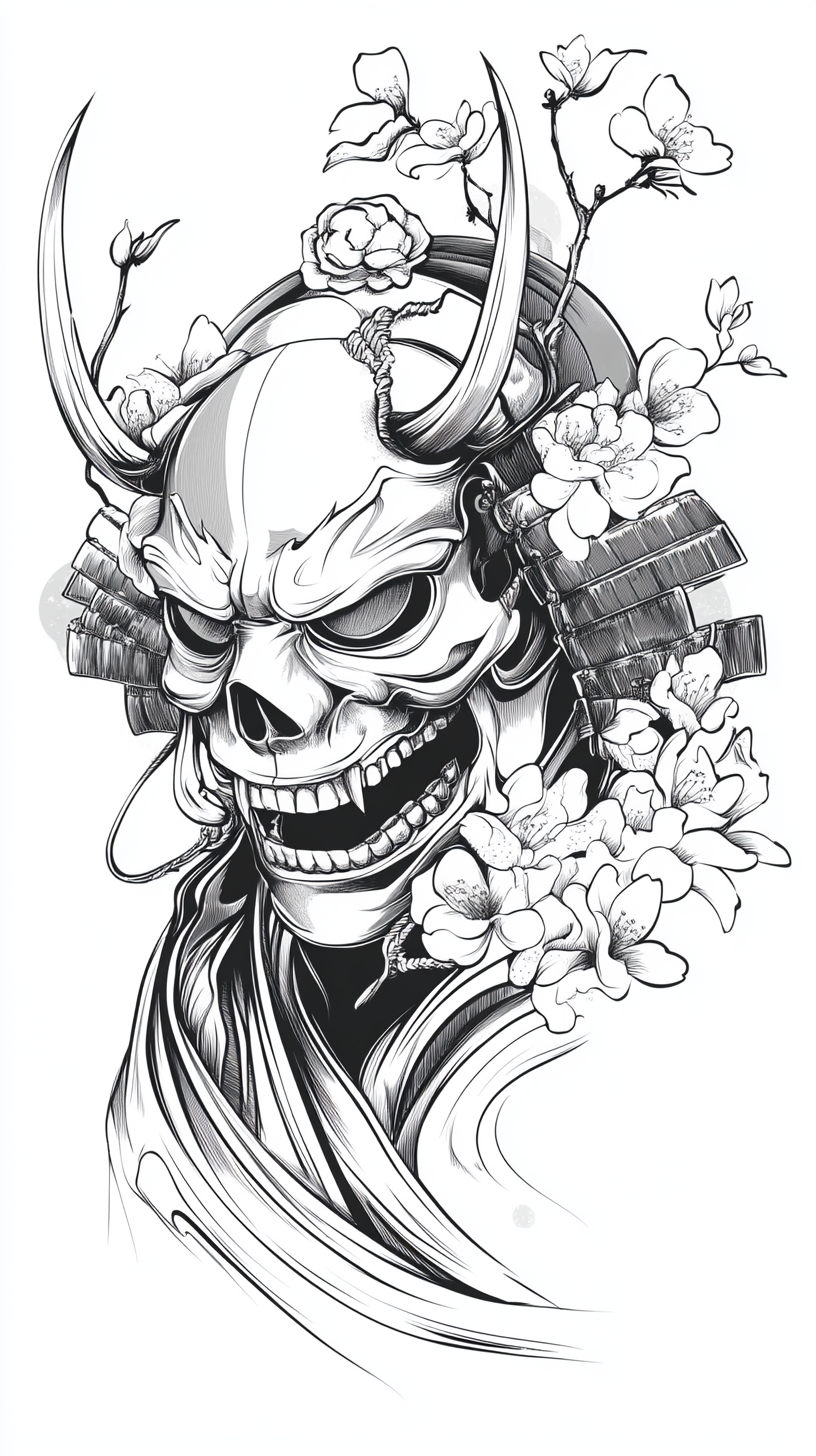 Detailed Samurai Hannya Mask Vector Outline with Skull