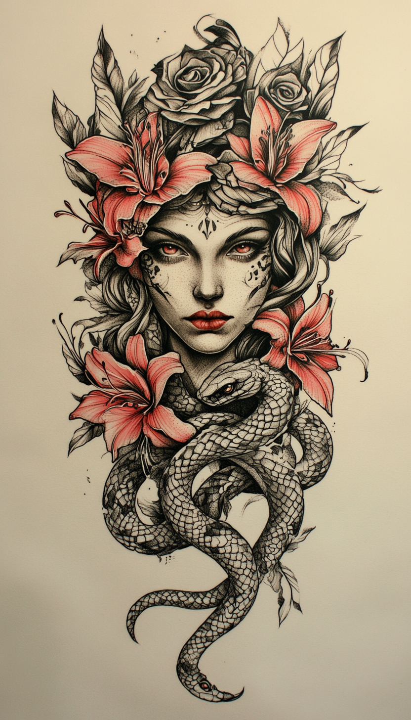 Detailed Sicilian Figure Tattoo with Flowers and Snakes