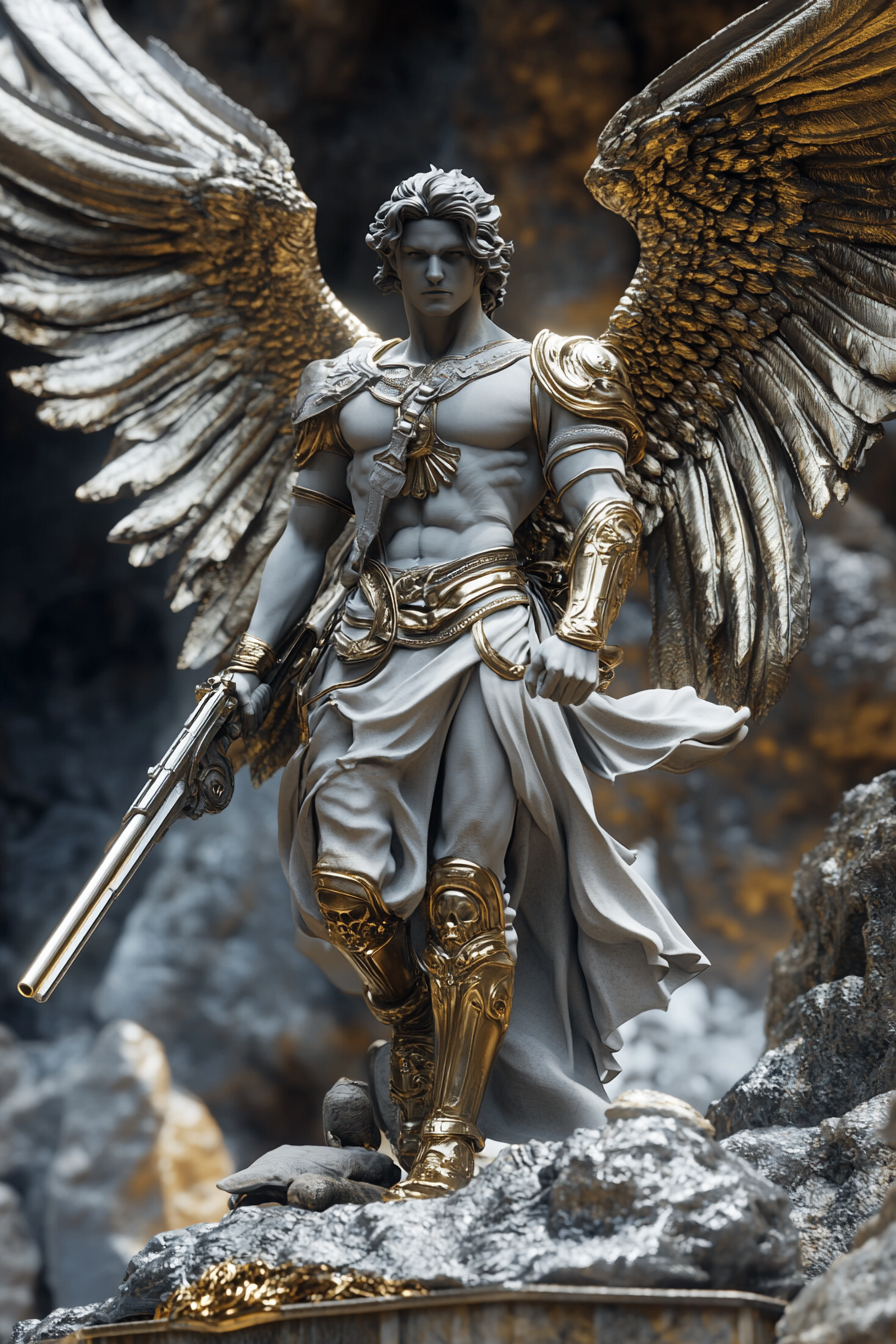 Detailed angel with weapons in hyper realistic 3D.