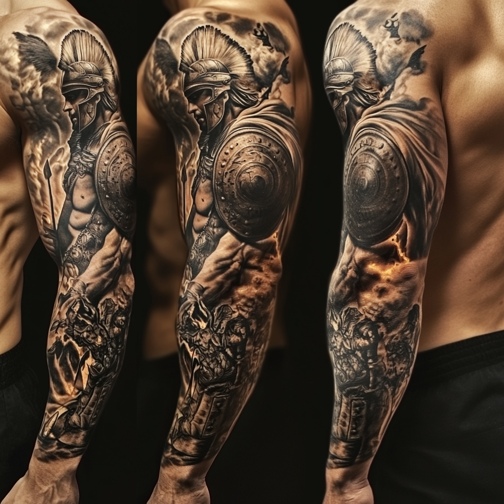 Detailed arm sleeve tattoo design inspired by Greek mythology.