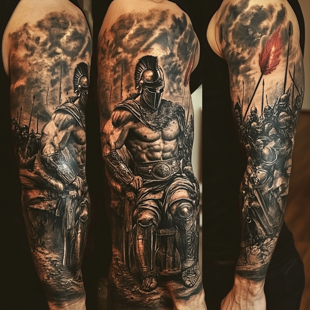 Detailed arm sleeve tattoo design with Greek mythology inspiration.