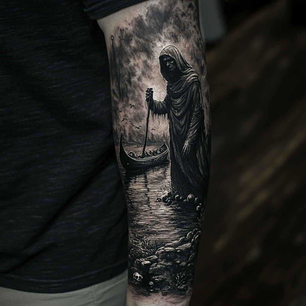 Detailed arm tattoo design of Charon, Greek ferryman of underworld.