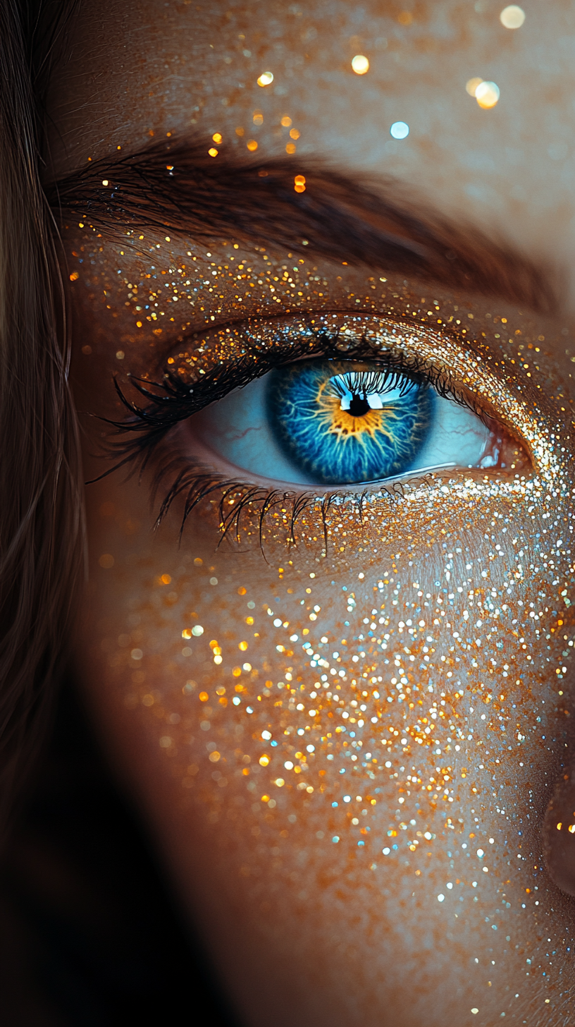 Detailed beautiful eye with glittery skin and space pupil.