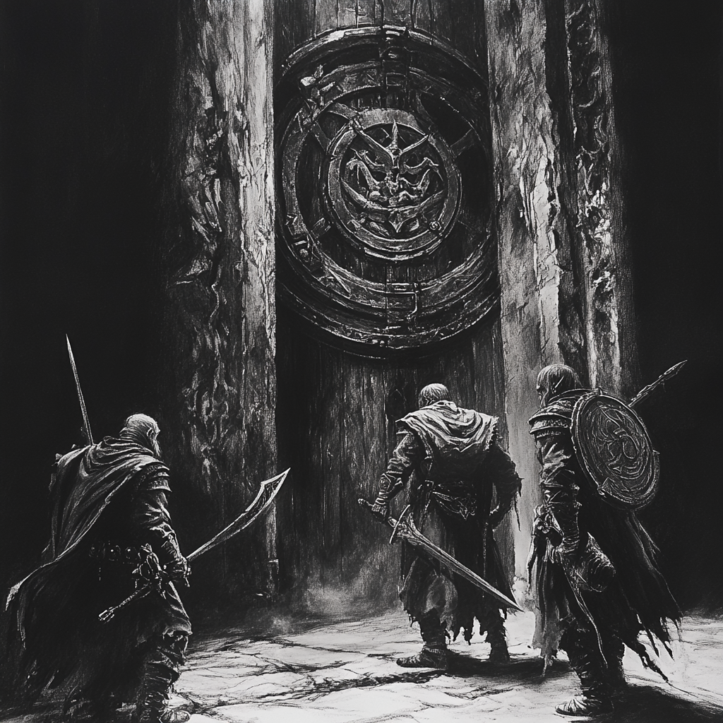 Detailed black and white charcoal drawing of 3 characters.