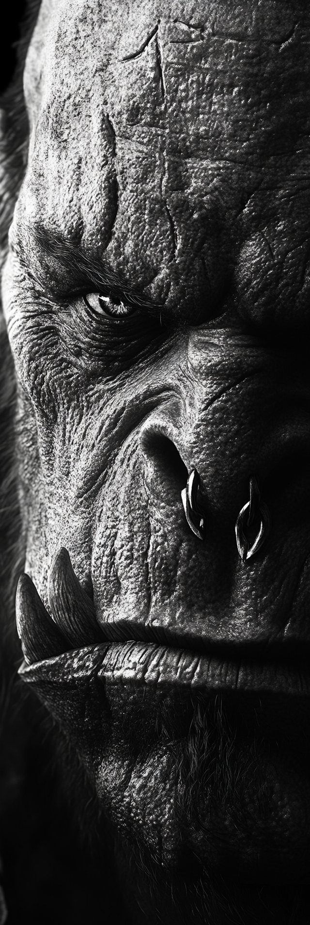 Detailed black and white orc portrait, inspired by Warcraft.