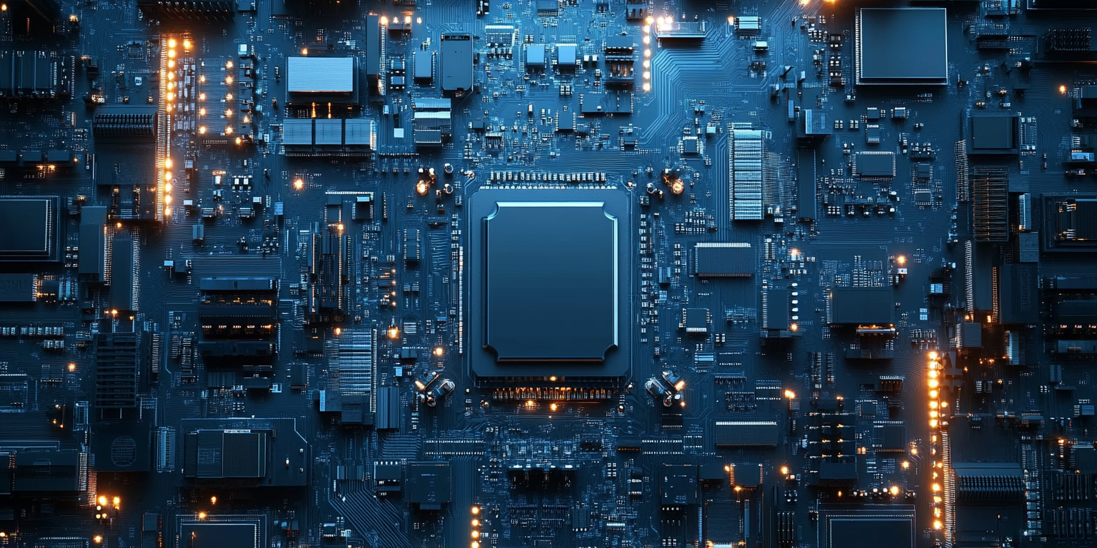 Detailed blue motherboard with complex circuitry and components.