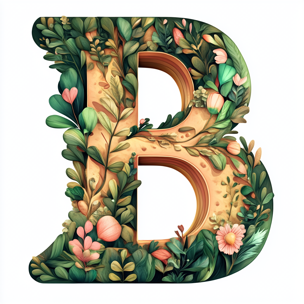 Detailed boho letter B icon with plants, fantasy digital painting.