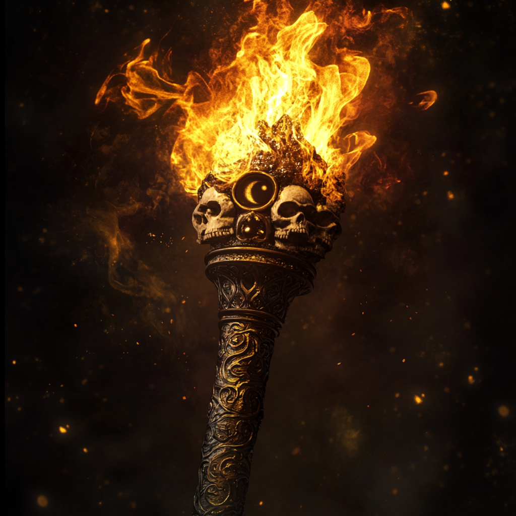 Detailed burning torch with engraved handle, watchful eye flame.