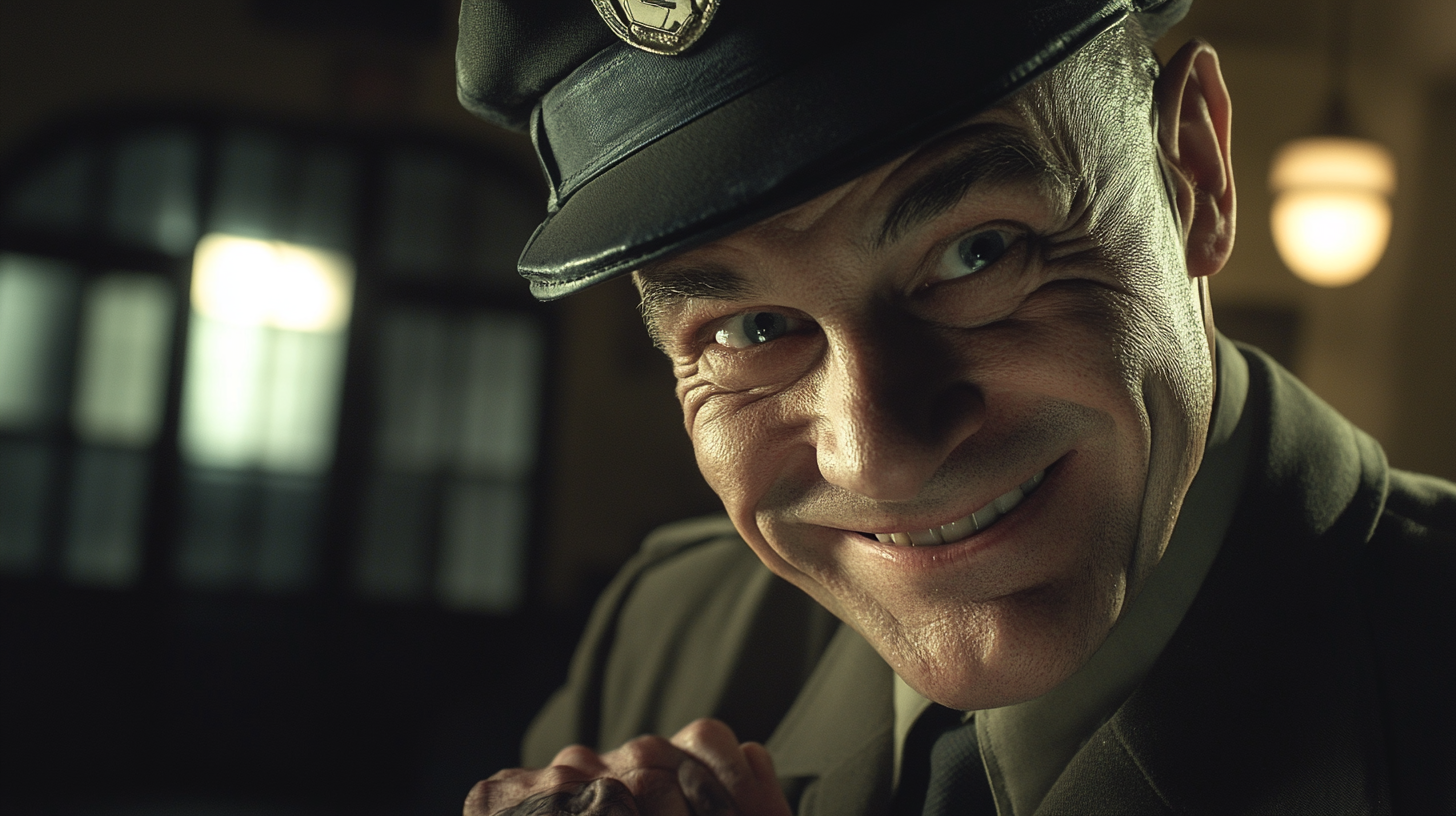 Detailed cinematic image of man in detective clothes.