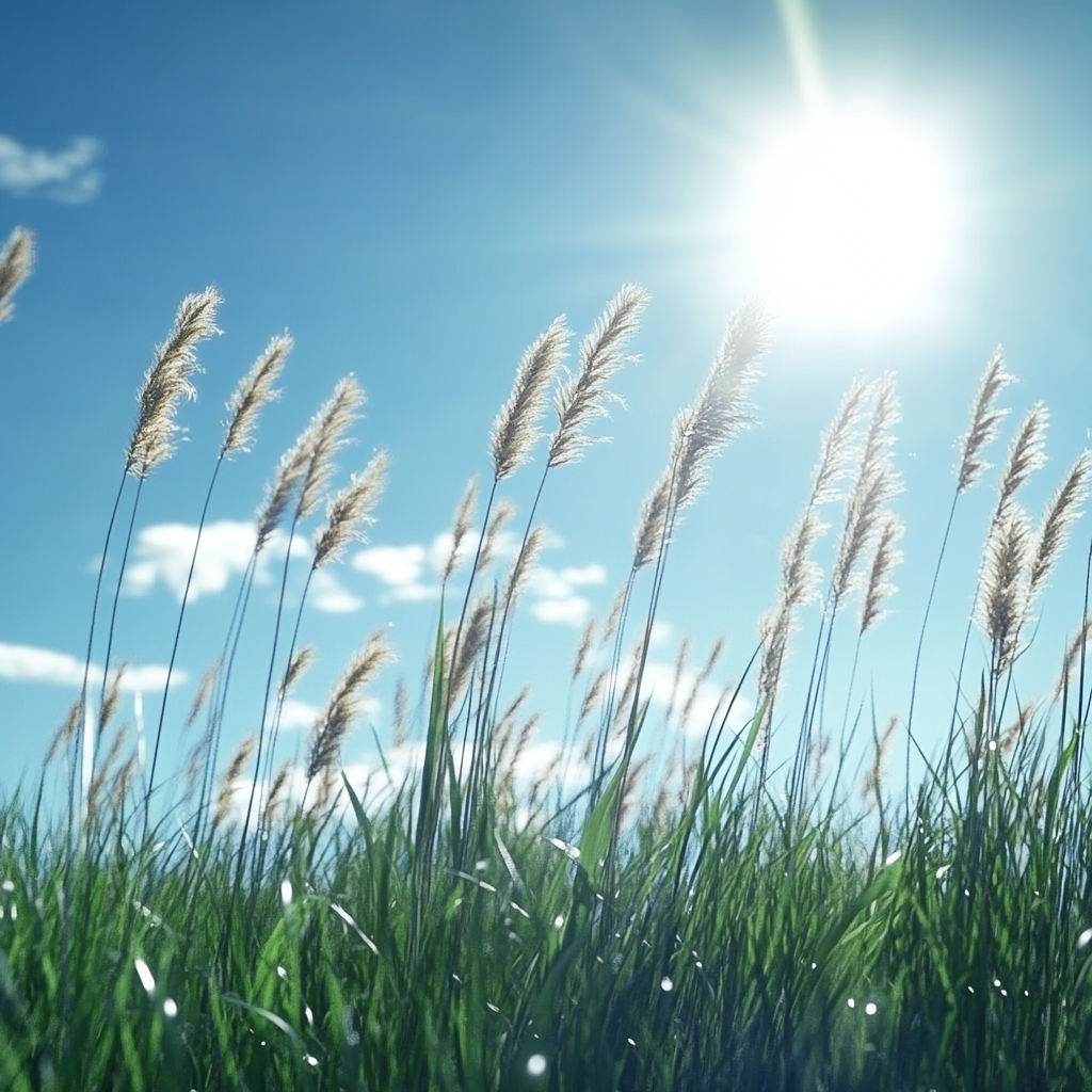 Detailed cinematic view of swaying grass in bright sunlight.