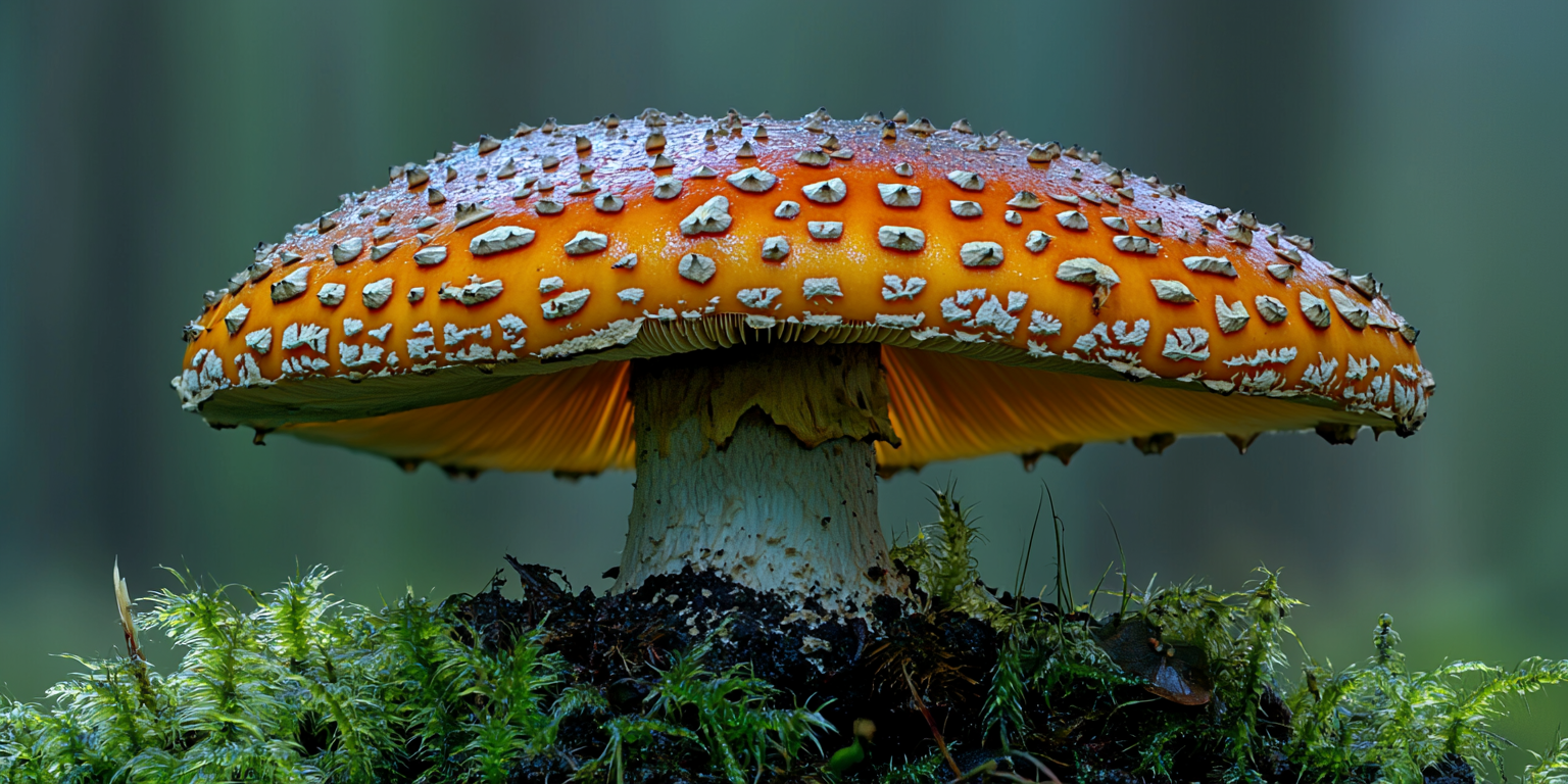 Detailed close up of a Fly agaric mushroom.