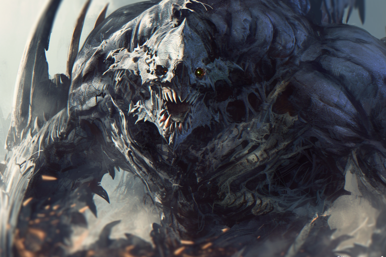 Detailed close-up of menacing monster with bone armor and evil skull head.