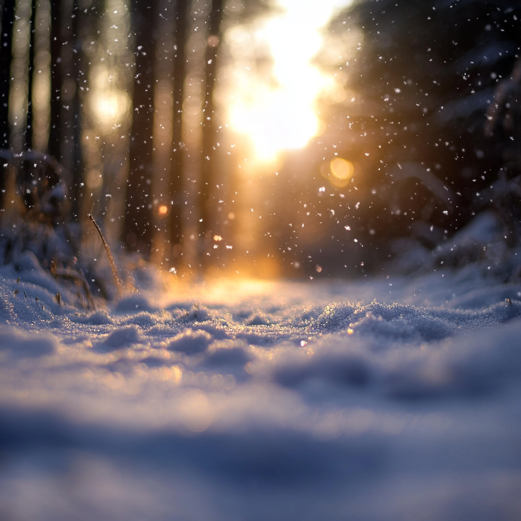 Detailed close up of snow covered path in forest.