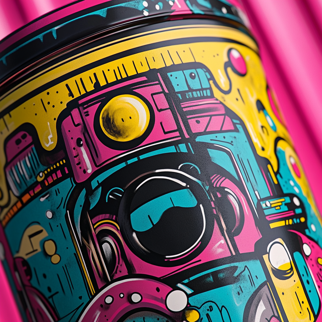 Detailed container design with psychedelic hip-hop artwork.