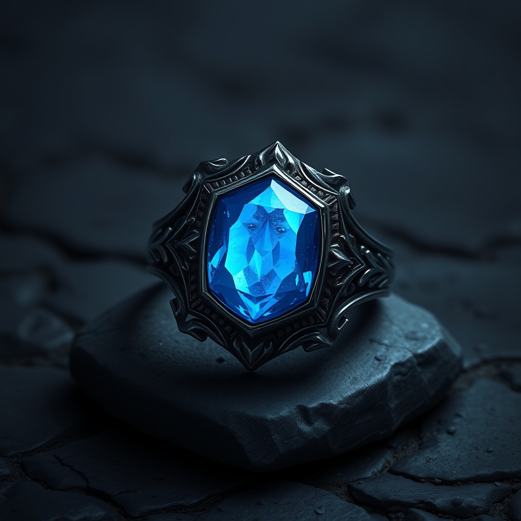 Detailed dark metal ring with blue magic stone - v 5.2