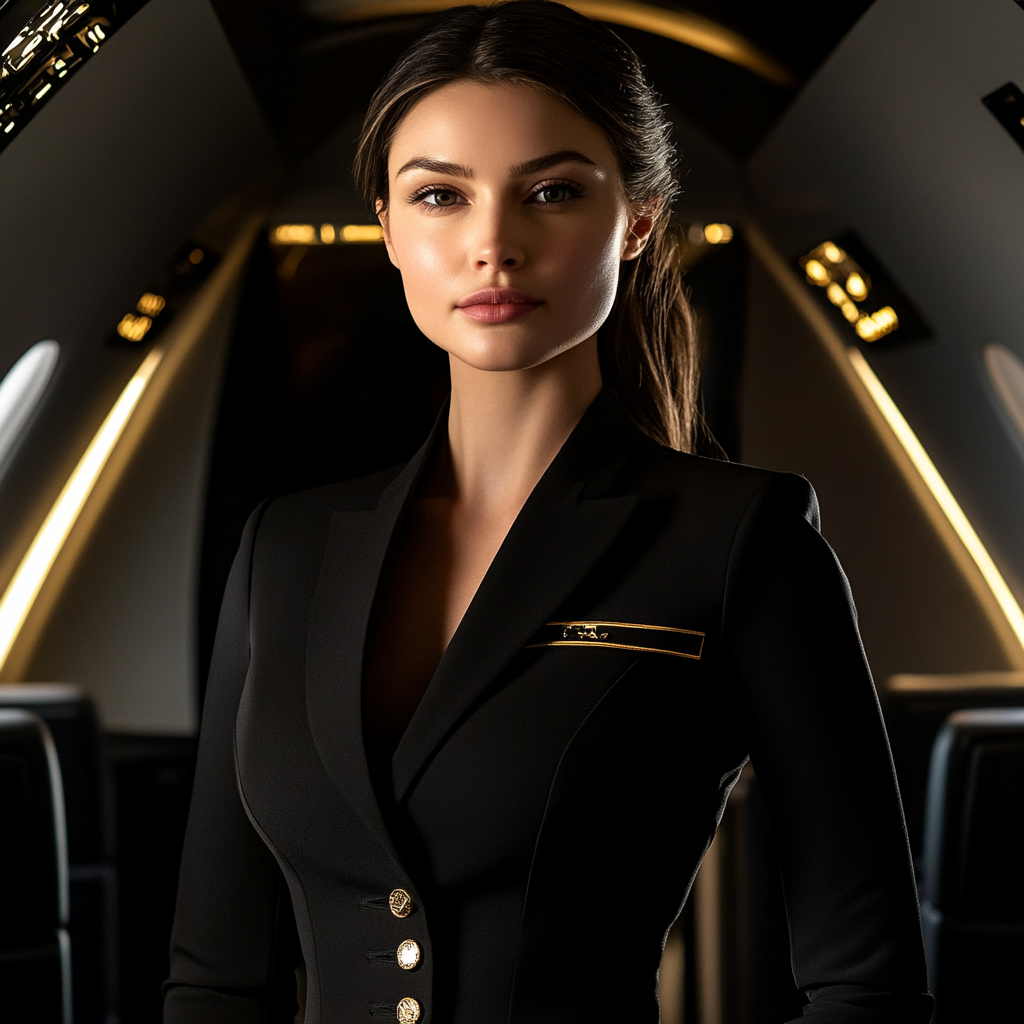 Detailed description photo realistic beautiful female flight attendant uniform.