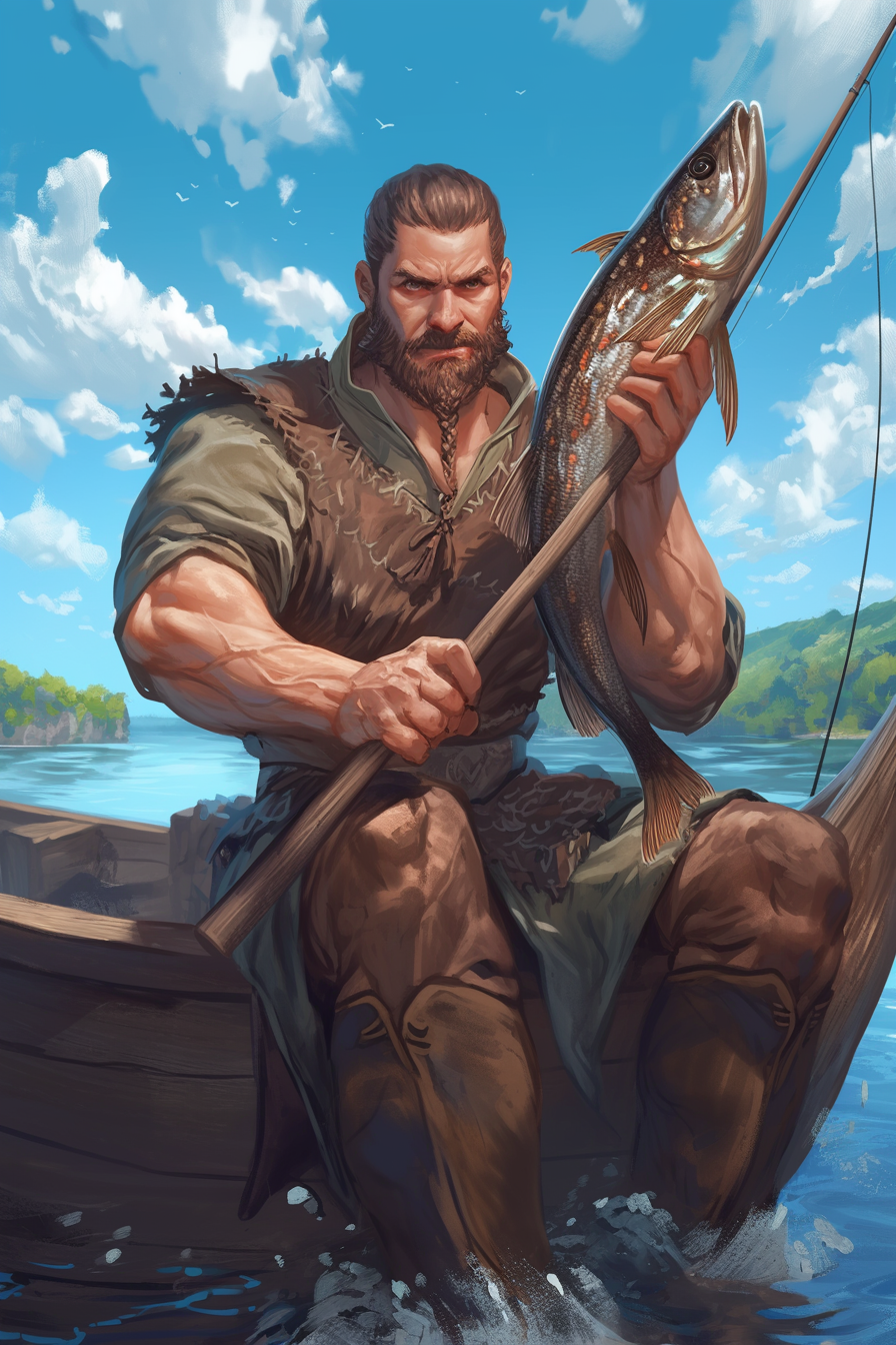 Detailed drawing of determined fantasy character with fishing pole.