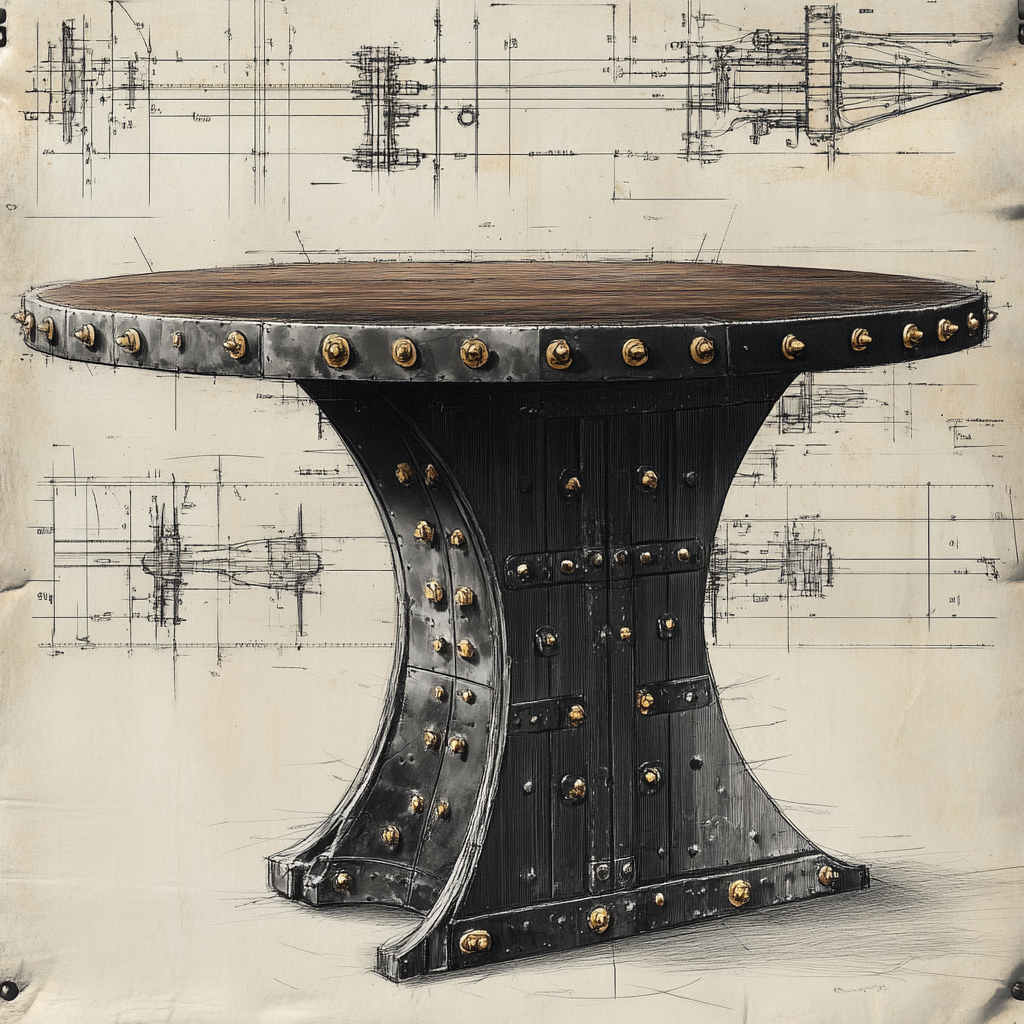 Detailed drawing of old industrial rounded dining table.