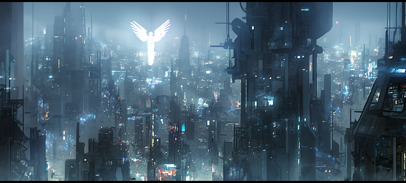 Detailed dystopian cityscape at midnight with glowing angel.