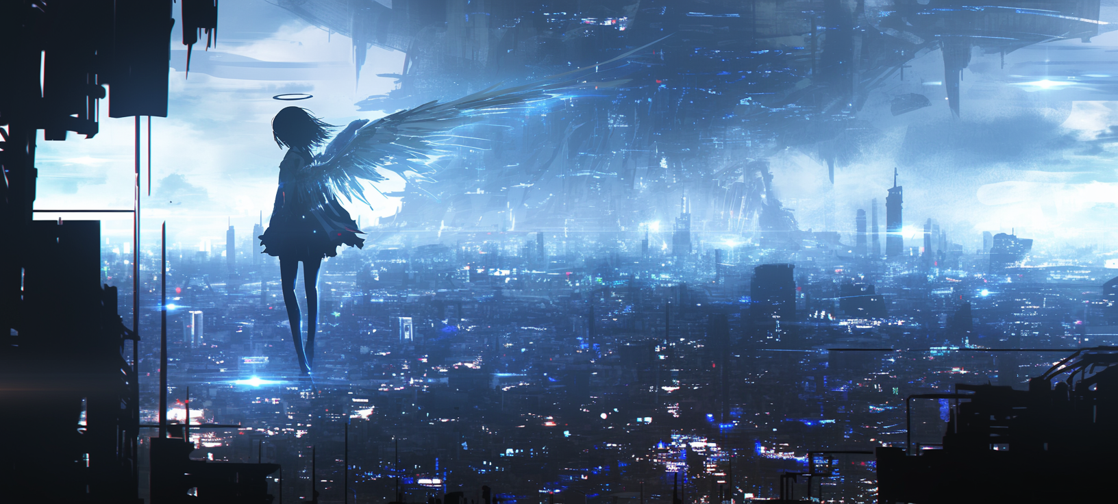 Detailed dystopian cityscape with angelic girl flying above.