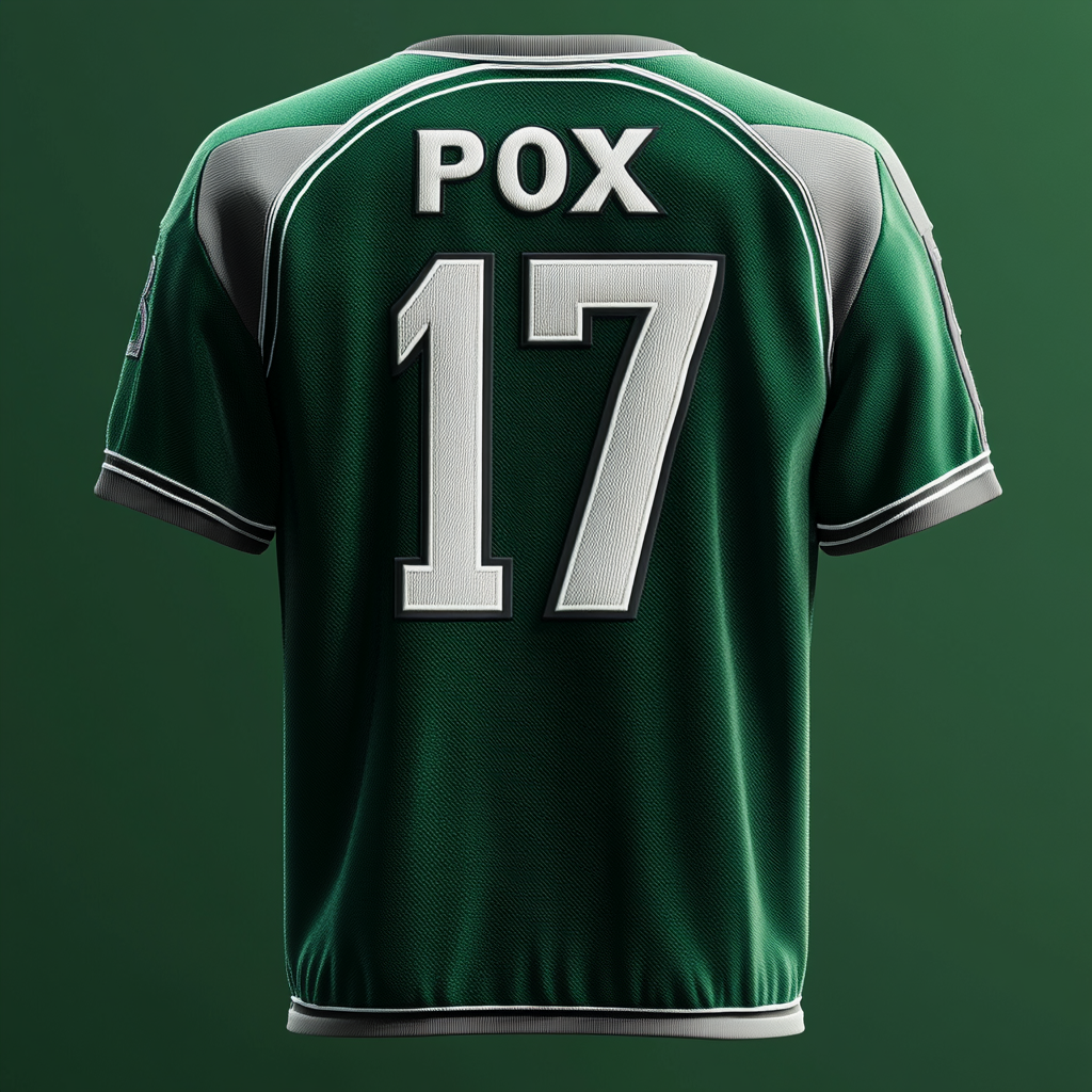 Detailed embroidered sports jersey design with 'POX' and '17', green, gray, white accents.