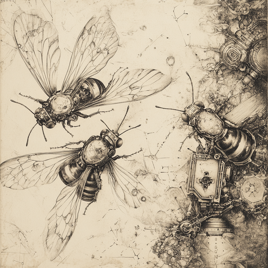 Detailed etching logo blends biotechnology, insects, pollen, toxic dust.