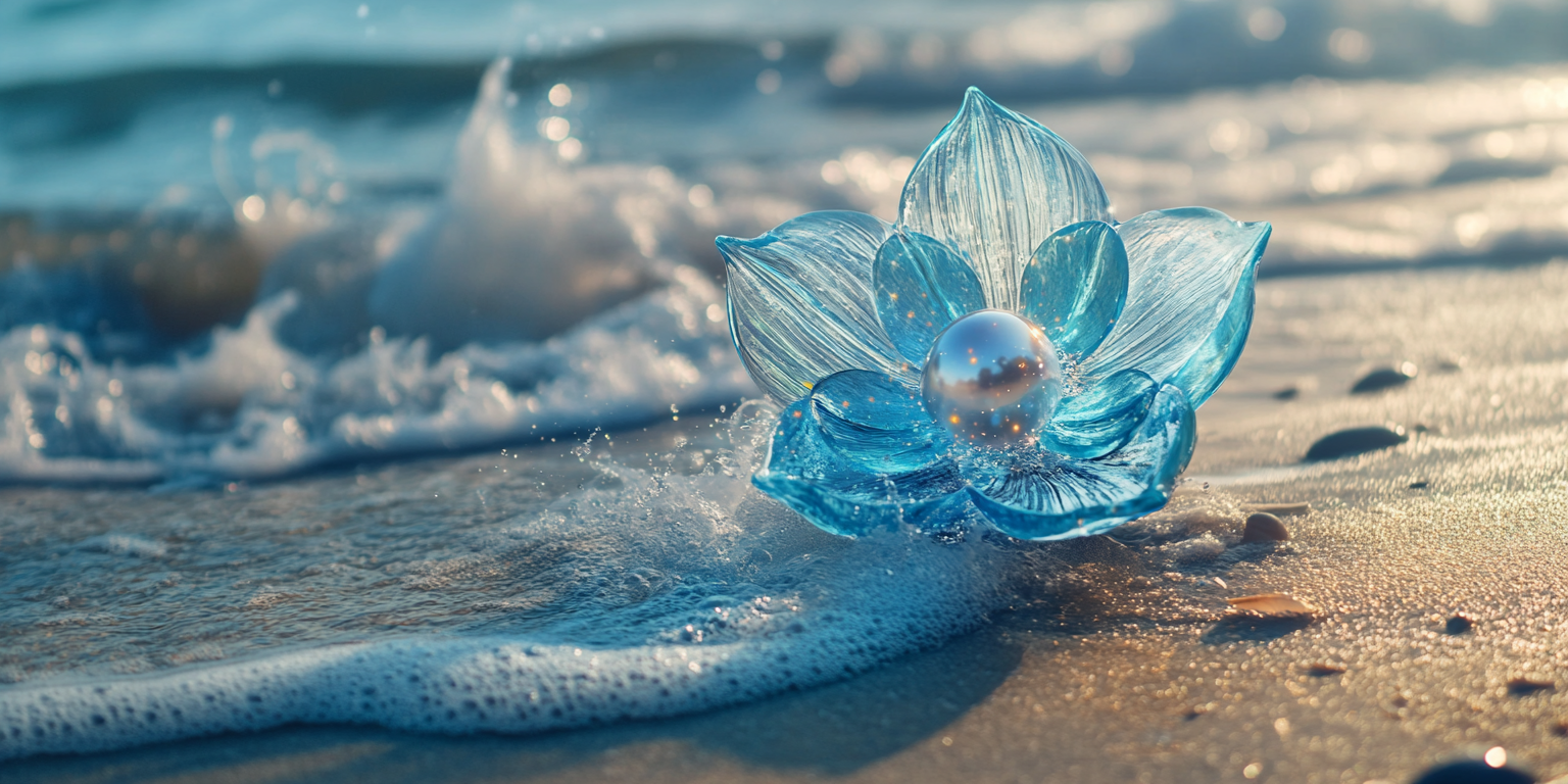 Detailed floating blue oceanflower with shiny pearl on beach.