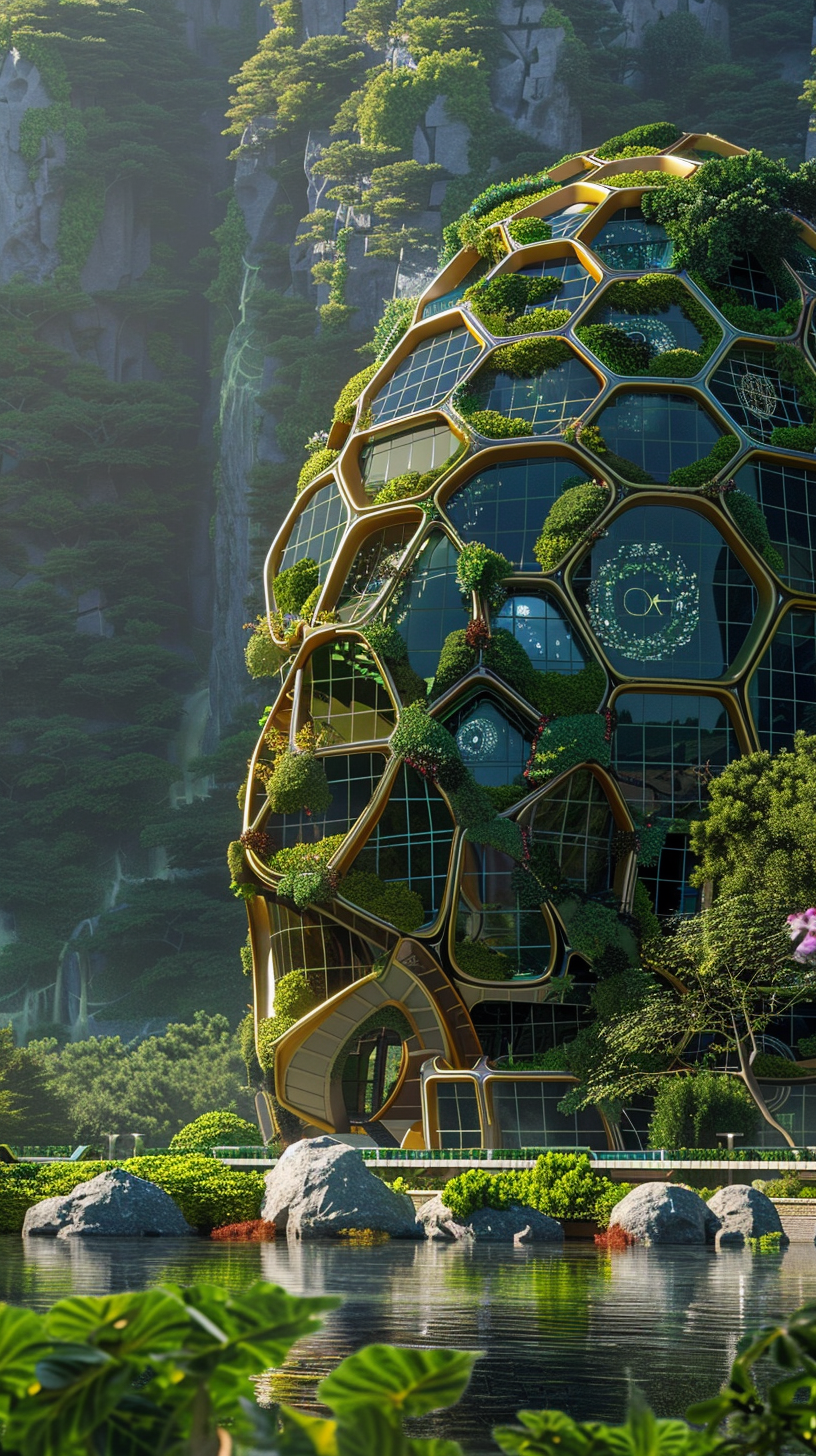 Detailed futuristic building with honeycomb shape surrounded by plants.