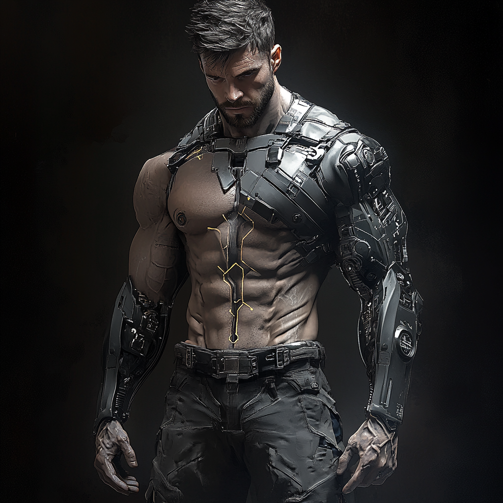 Detailed futuristic diesel punk man in surrealistic setting.