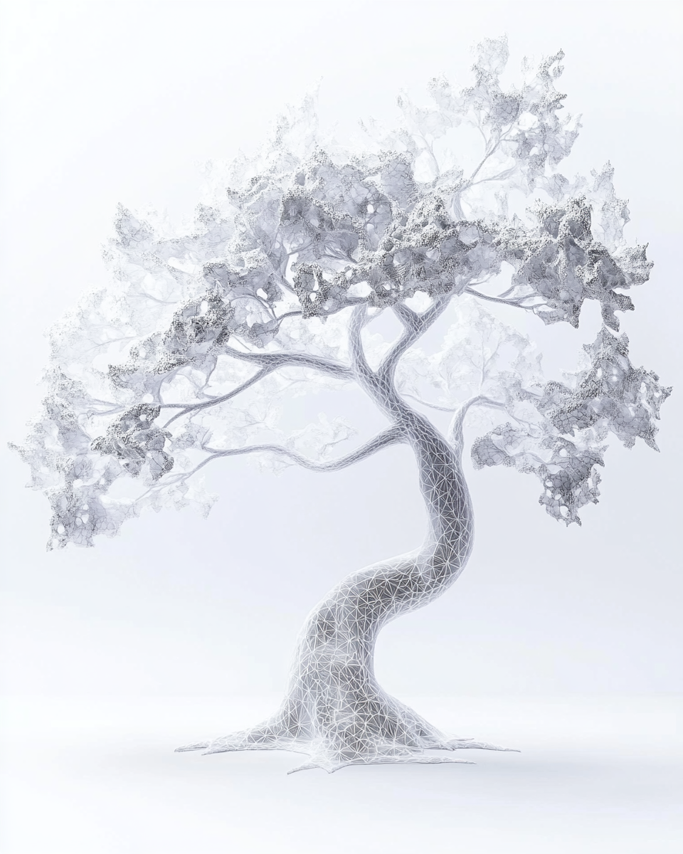 Detailed futuristic tree on white background with realistic lighting.