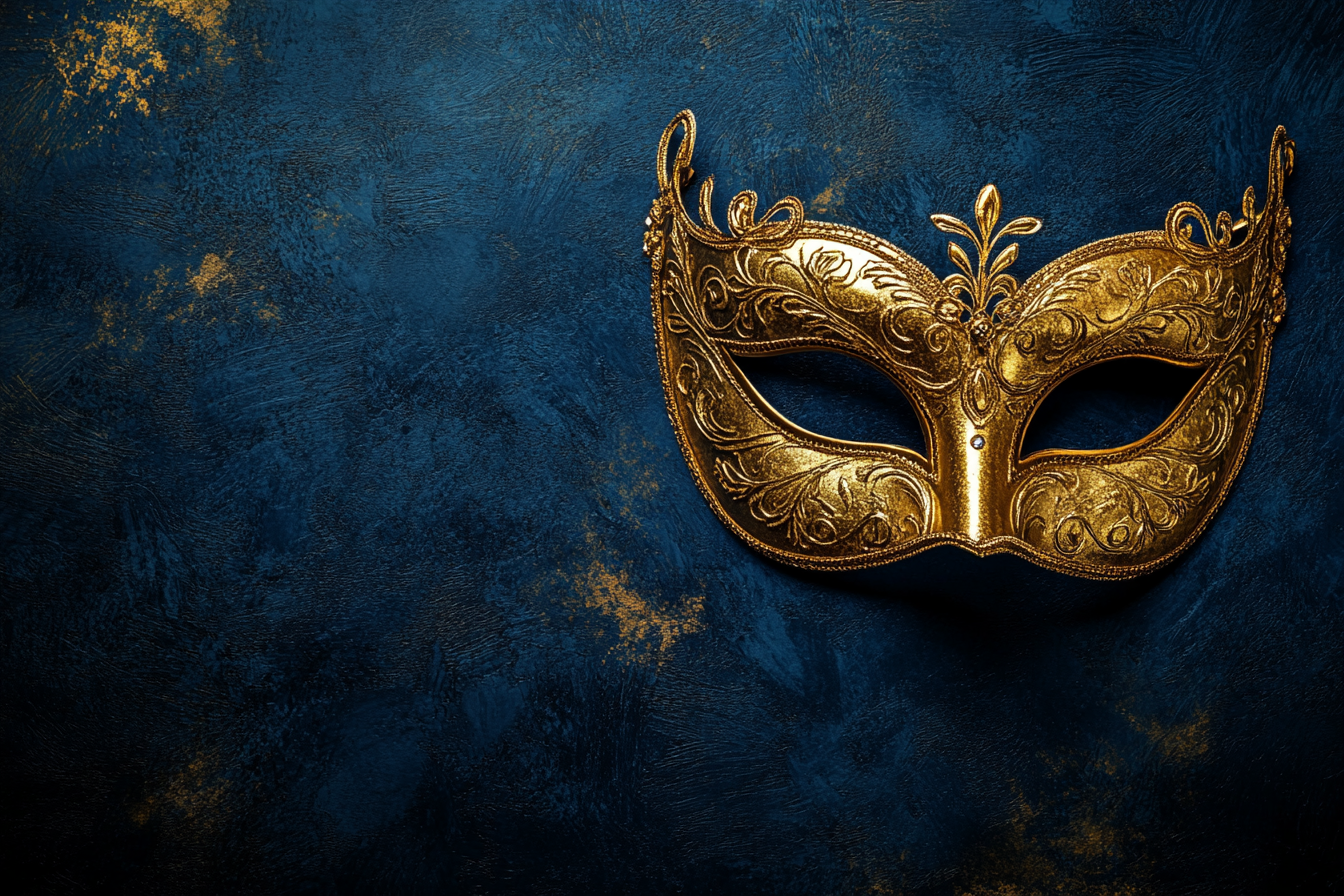 Detailed golden masquerade mask on dark blue background.