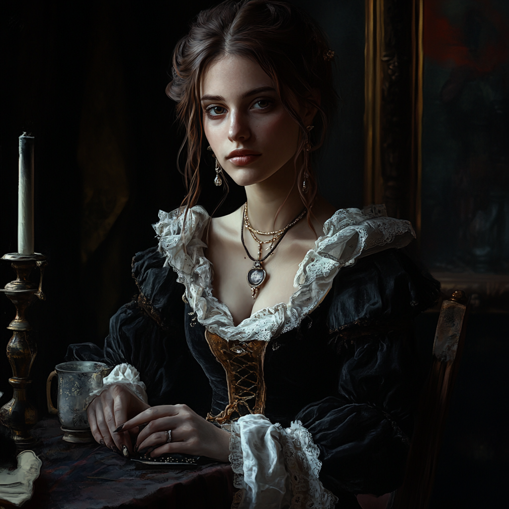 Detailed grim dark gothic Renaissance portrait with owner.