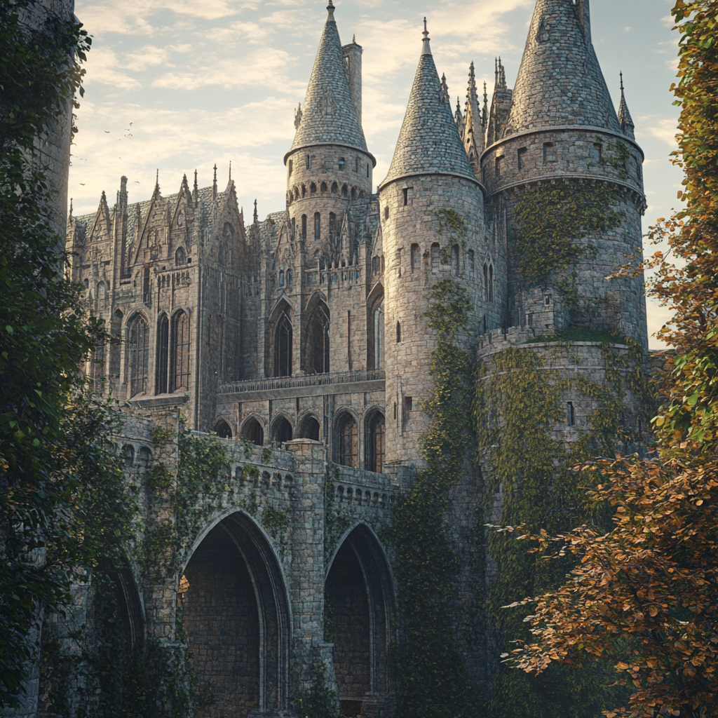 Detailed high-res image showcases Hogwarts Castle's grandiose medieval architecture.