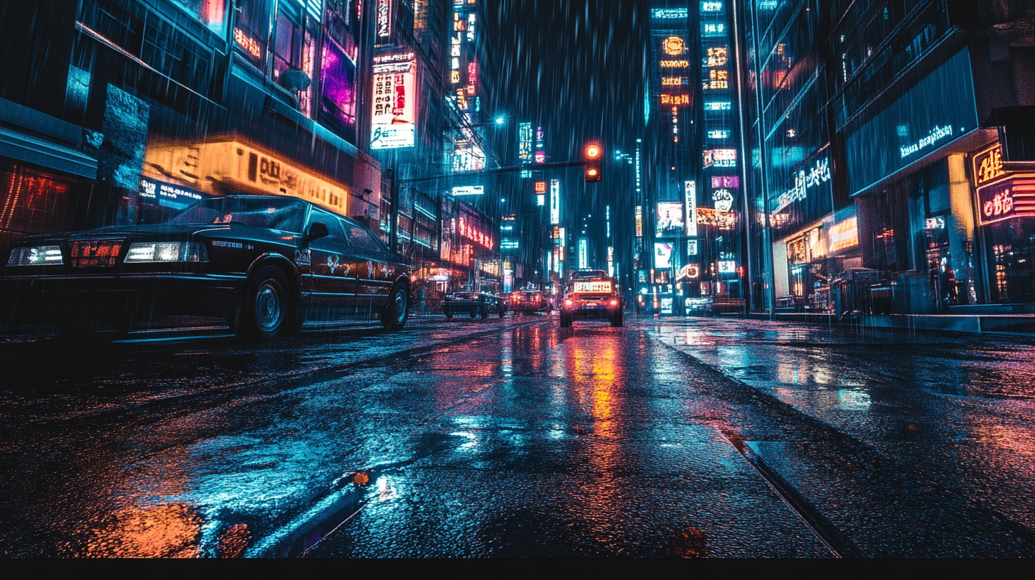 Detailed high resolution cyberpunk city street photo.