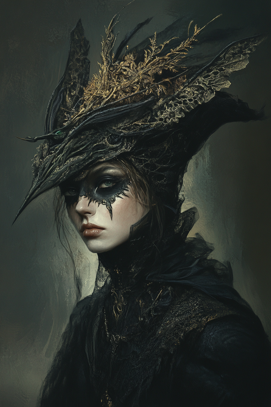 Detailed illustration of female witch creature, complex and elegant.