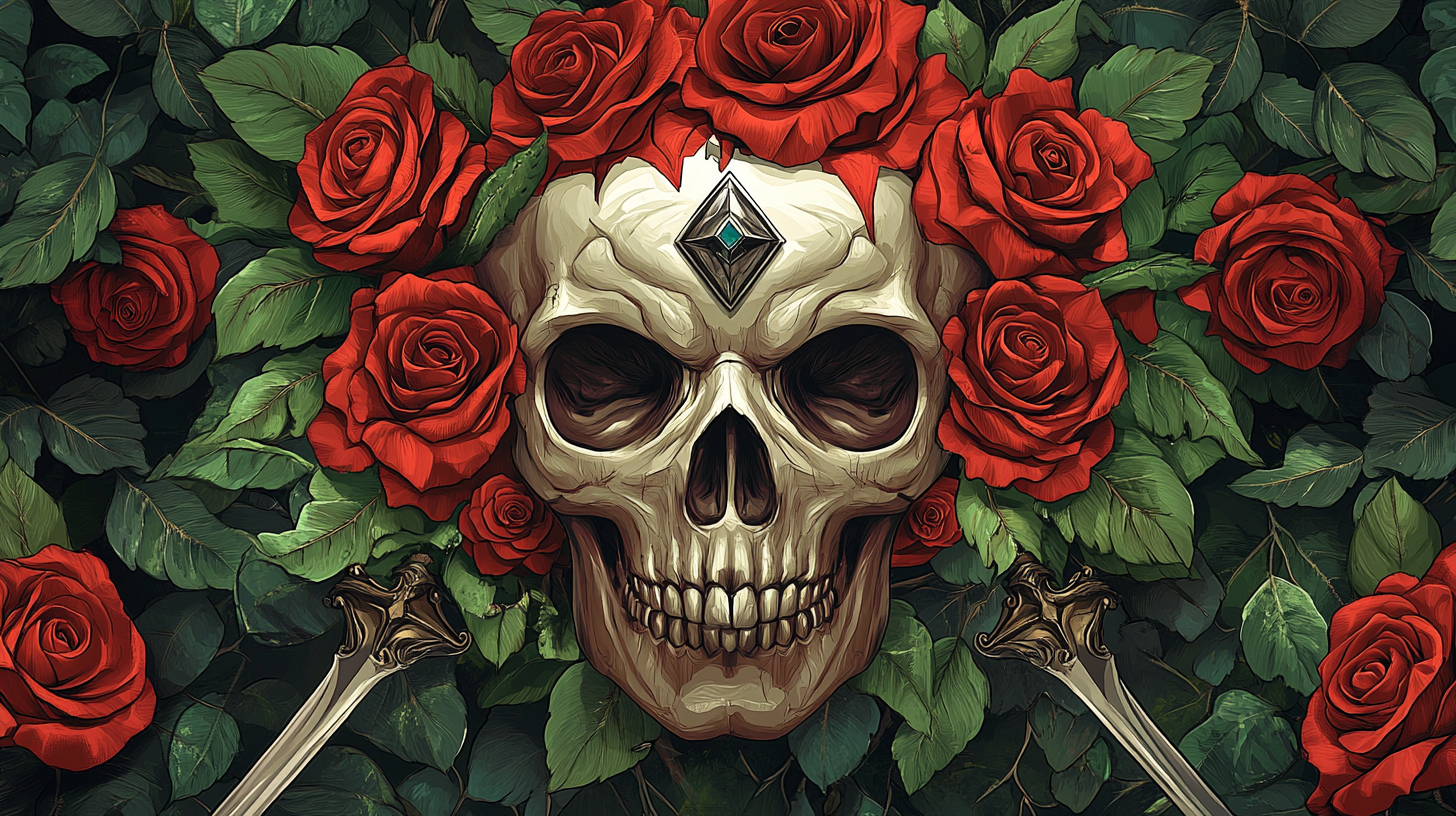 Detailed illustration of skull with red roses and swords.