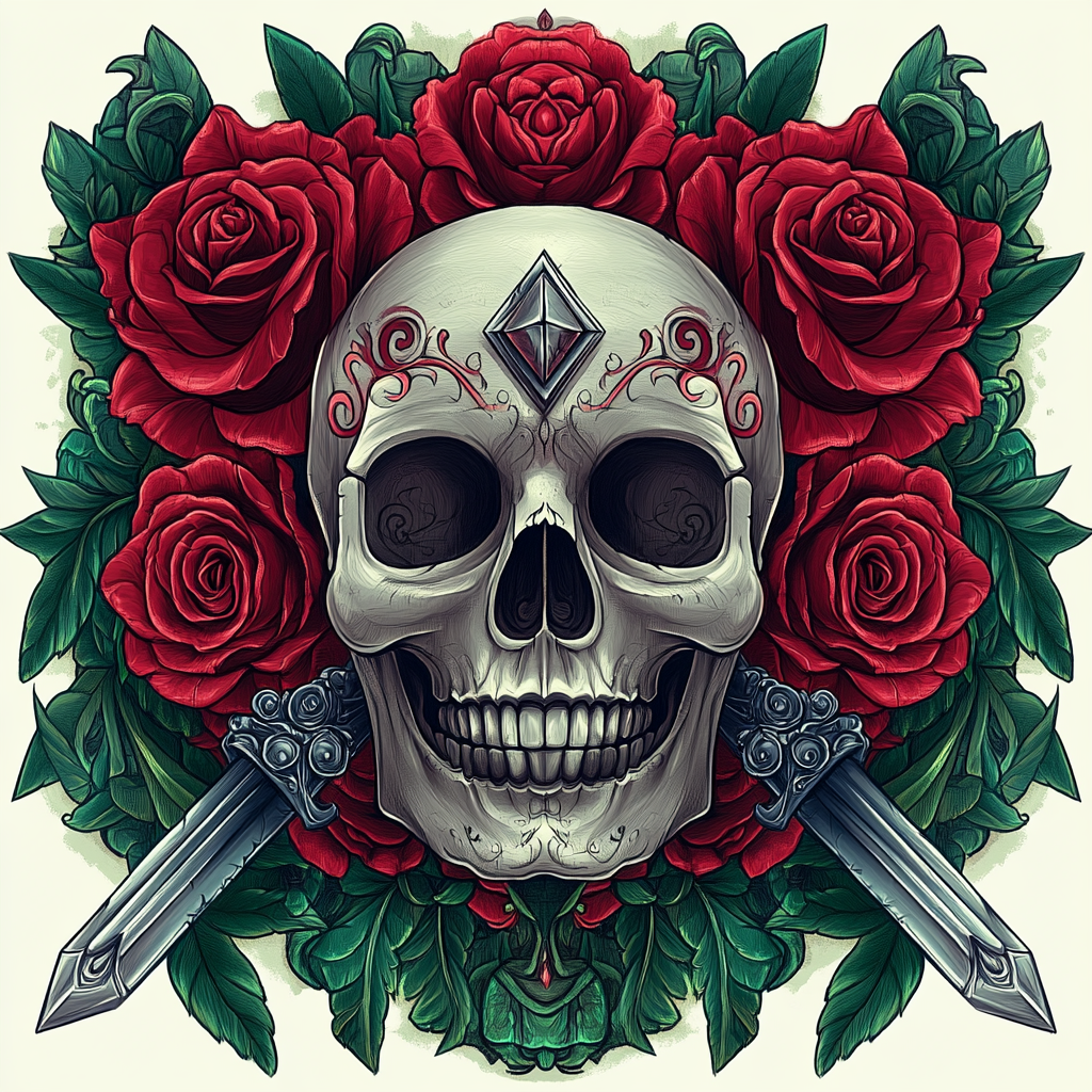 Detailed illustration of skull with roses and swords.