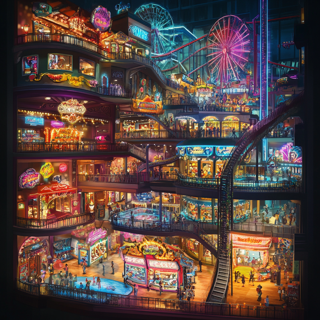 Detailed illustration of vibrant mega amusement park